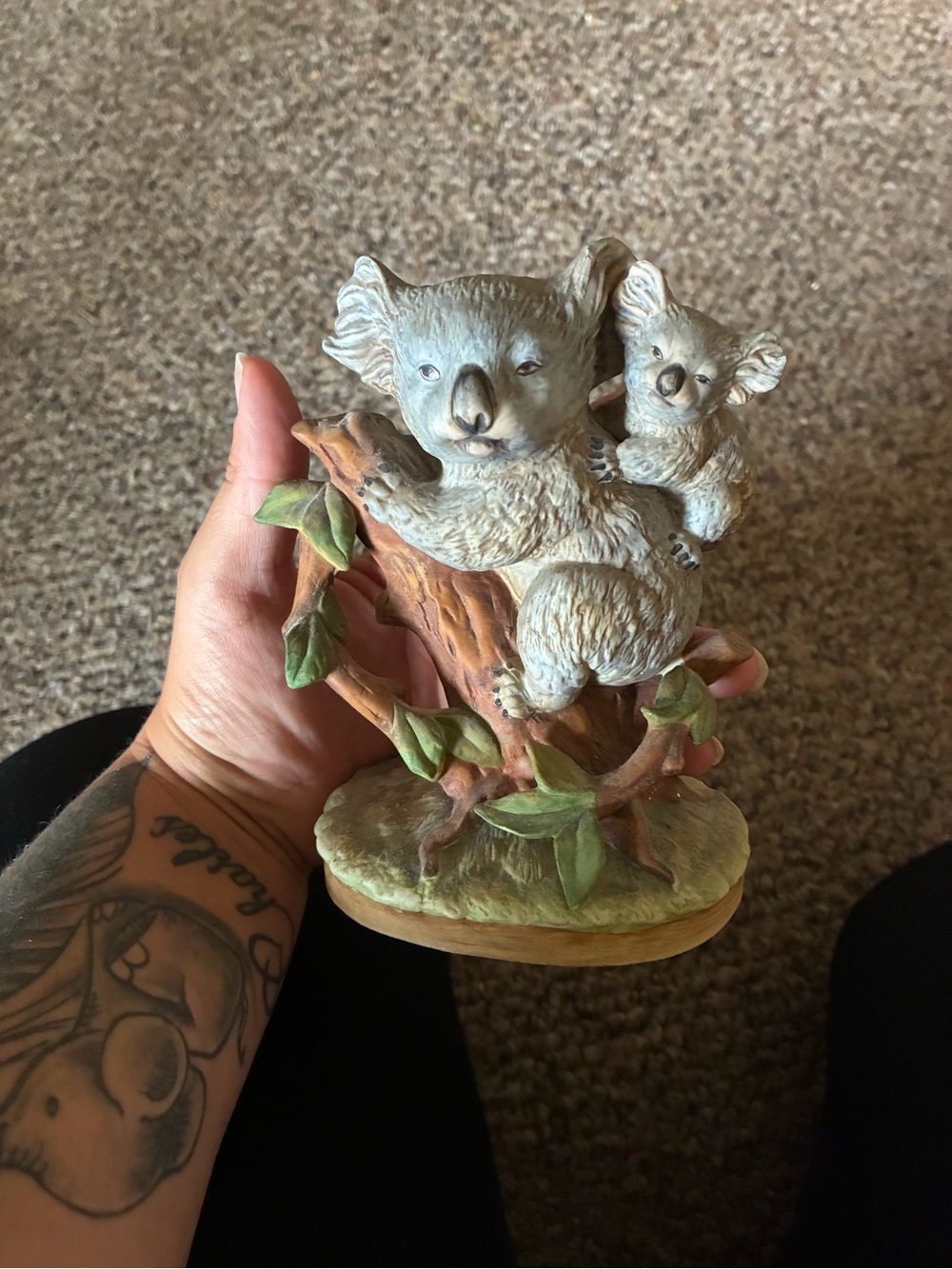 Hand-Painted Koala Mom and Baby Figurine - Neutral Tones